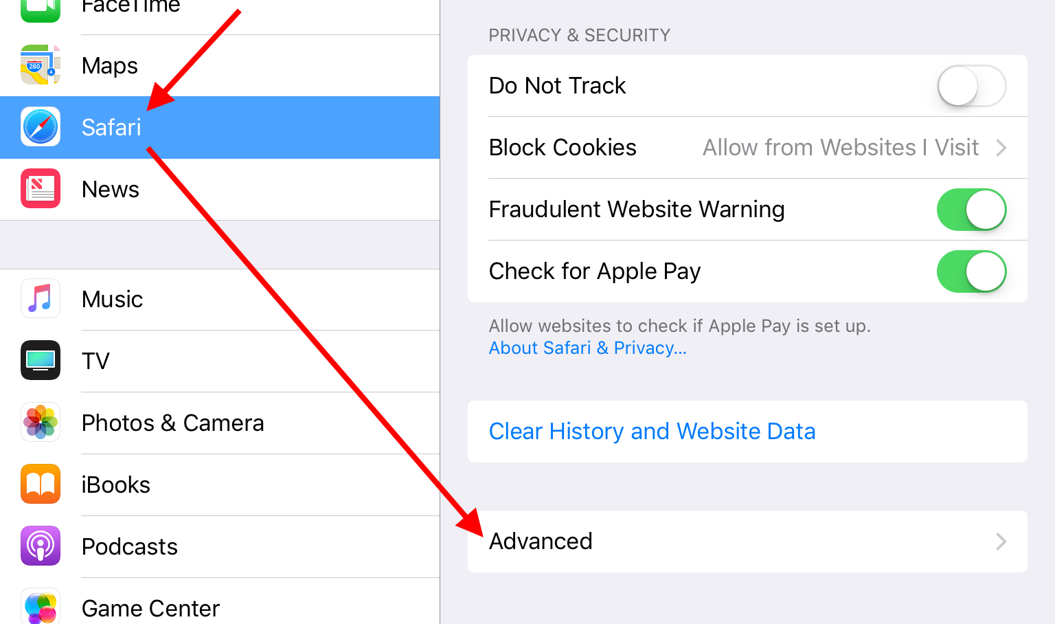 "Safari" in list of applications, and the "Advanced" option